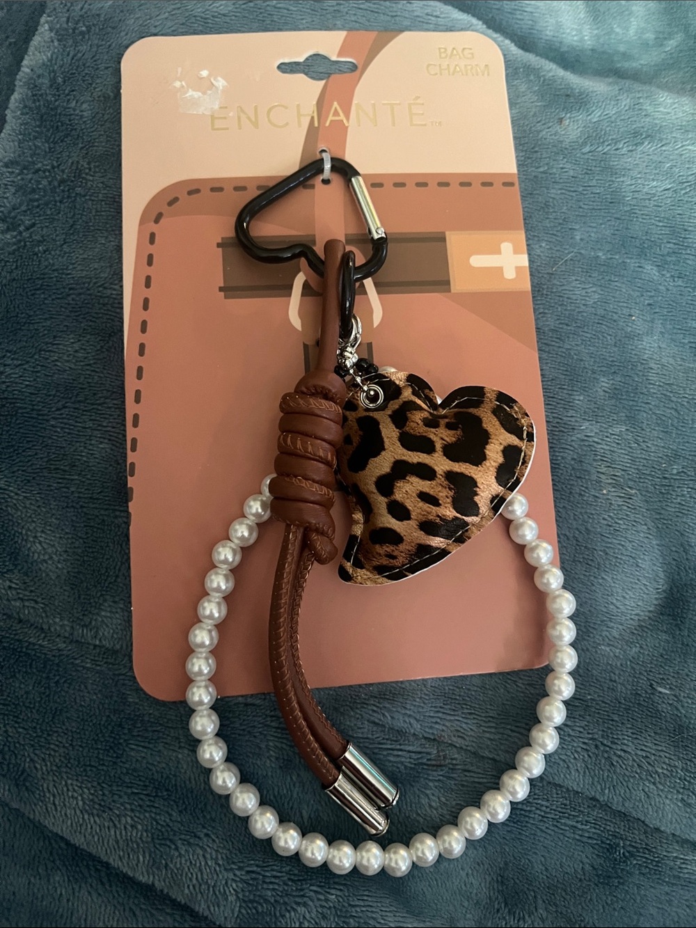 Enchanté Leopard Heart Pearl Brown bag charm with Clasp